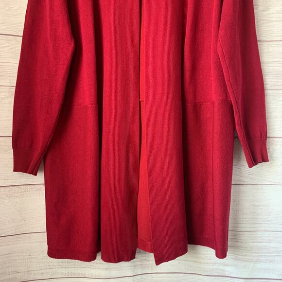 Pointelle Long Red Cardigan Sweater Open Front Folded Neckline Size Small - Picture 16 of 16
